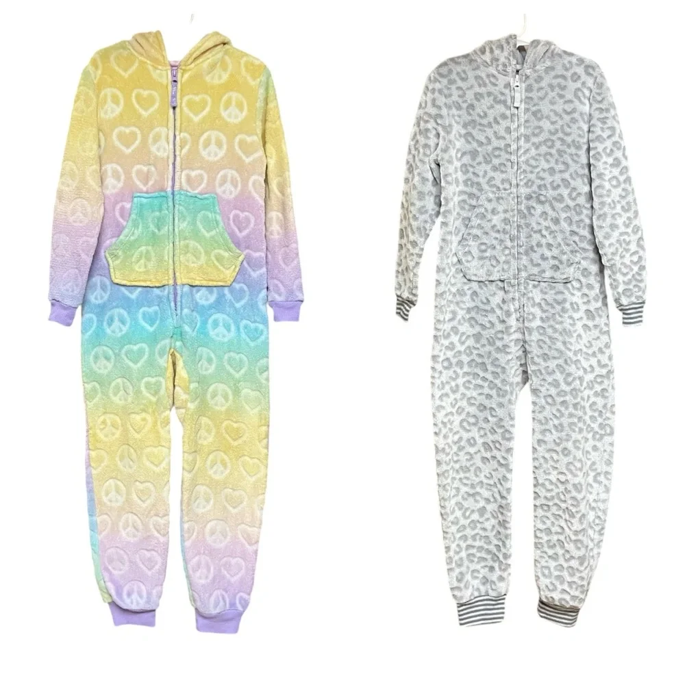 Rainbow Hooded Onesie PJs Leopard Hoodie PJ Onesie Bundle Front Pocket Front Zip